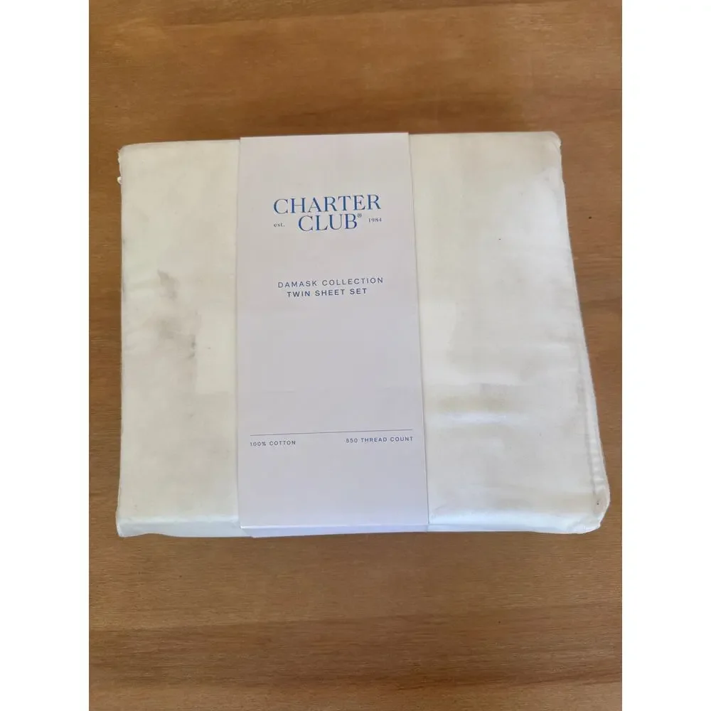NWT Charter Club Twin Sheet Set Damask Solid 550 TC Supima Cotton White